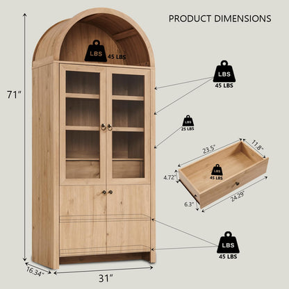 IFGET 71" Tall Arched Kitchen Pantry Cabinet, Modern Farmhouse Kitchen Storage Cabinets with Open & Adjustable Shelves, Hidden Drawer & Glass Door, Versatile Cupboard for Kitchen, Dining Room, Natural