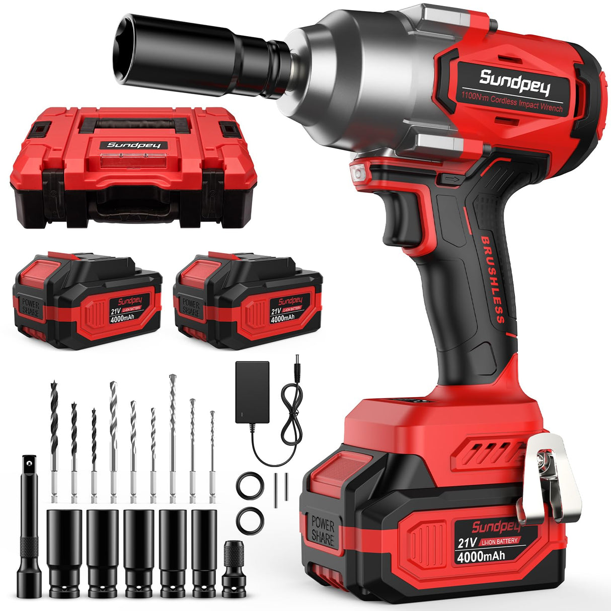 Sundpey Cordless Impact Wrench 812Ft-lbs - 1100N·m Brushless High Torque Impact Gun with 2 * 4.0Ah Battery - 21V Power Impact Driver with 5 Sockets & 9 Drill Bits & 1/2" Hexagonal Adapter for Car Home Sundpey