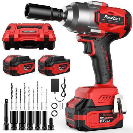 Sundpey Cordless Impact Wrench 812Ft-lbs - 1100N·m Brushless High Torque Impact Gun with 2 * 4.0Ah Battery - 21V Power Impact Driver with 5 Sockets & 9 Drill Bits & 1/2" Hexagonal Adapter for Car Home Sundpey
