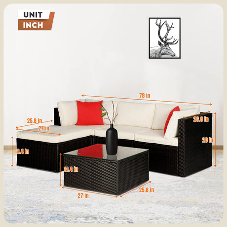 5 Pieces Rattan Patio Furniture Sets Patio Sofa Wicker Sectional Sofa Modular Outdoor Conversation Sofa Set with 2 Red Pillow 2 Corner Chairs Armless Chair Ottoman Chair Glass Table,Khaki Cushion PayLessHere