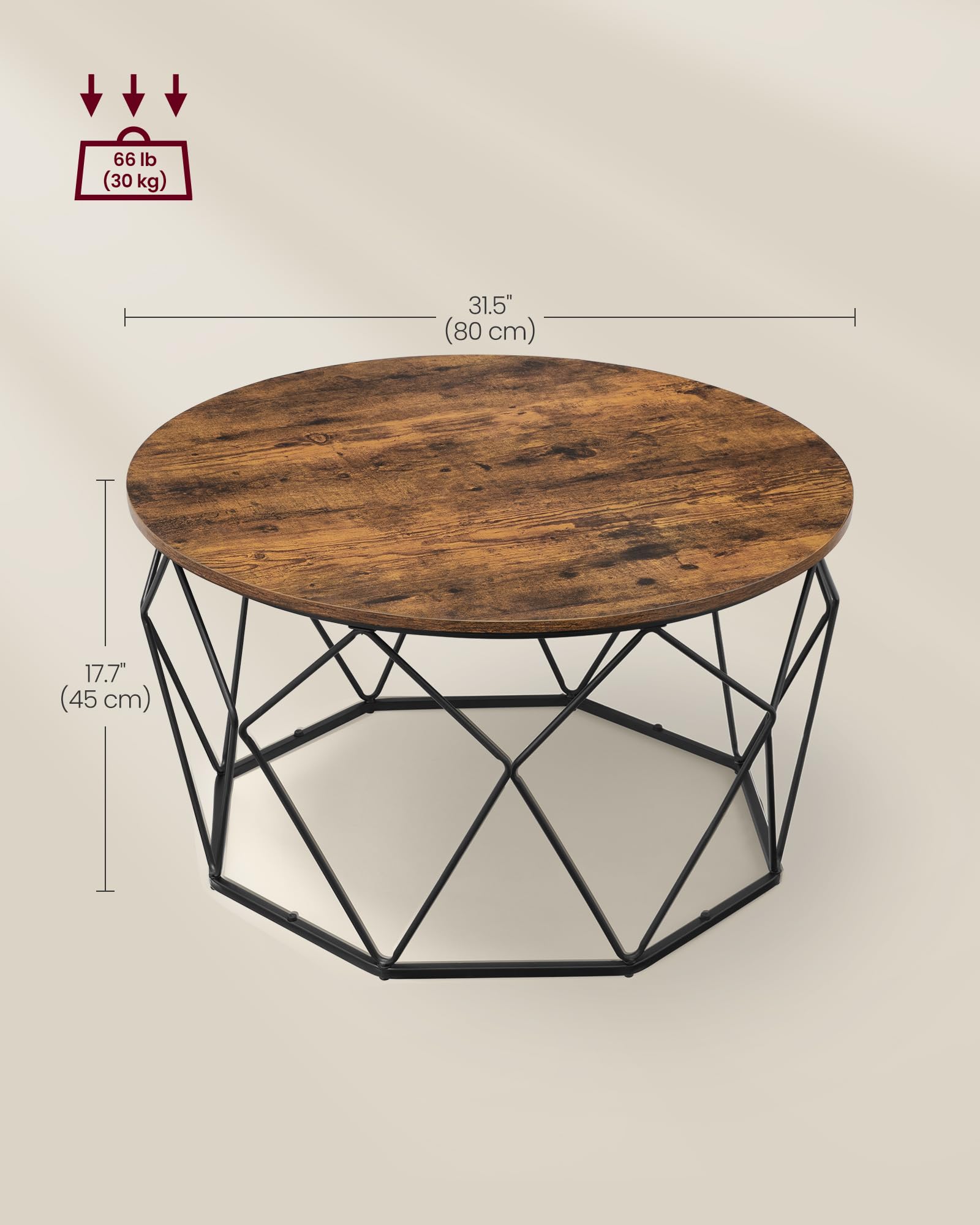 VASAGLE Round Coffee Table for Living Room, Cage Cocktail Table with Steel Frame, 31.5 Inches Dia., Industrial Style, Rustic Brown and Black ULCT040B01 - WoodArtSupply