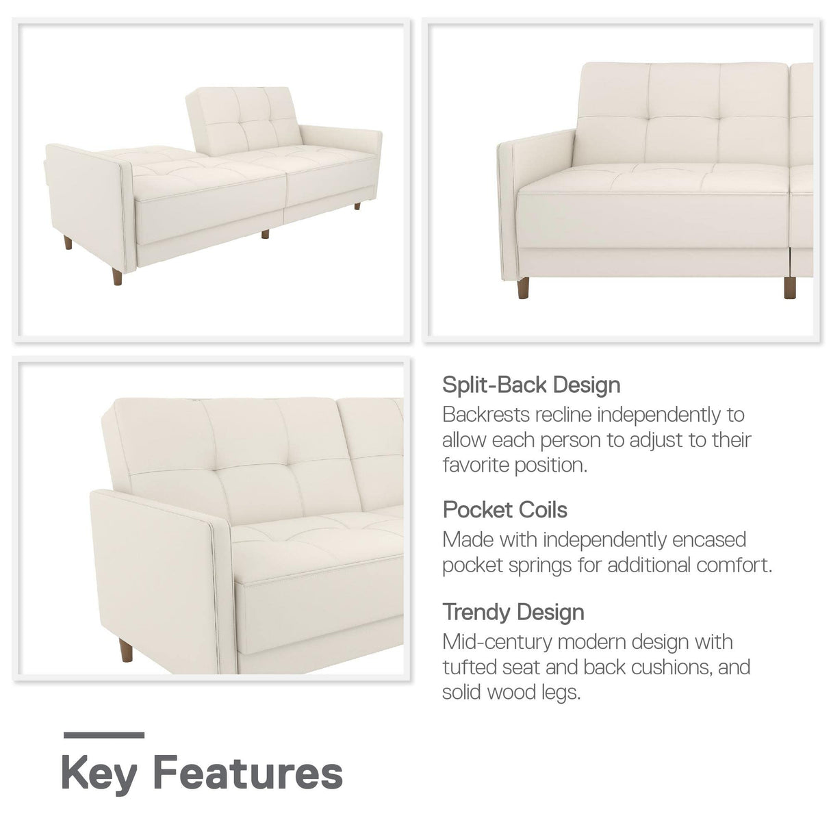 DHP Andora 76 Inch Futon Sofa Bed in Faux Leather, Modern Upholstered Couch Sleeper with Button Tufted Back and Seat, White DHP