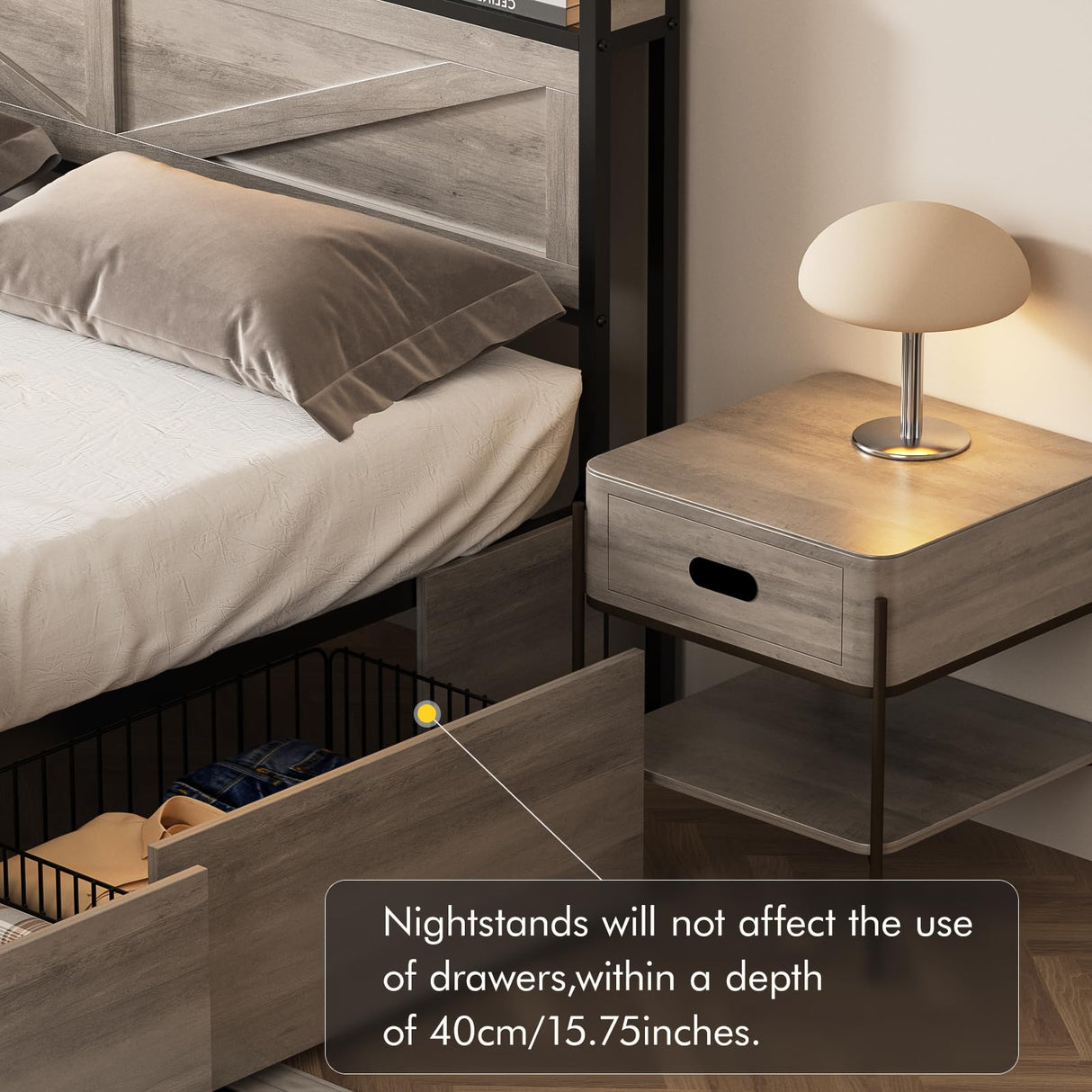 Halitaa LED Queen Size Bed Frame with Charging Station & 4 Drawers, Platform Metal Bed Frame with Headboard USB Ports Outlets, Farmhouse Bed Frame with LED Lights, Noise Free, Wash Grey (Queen) Halitaa