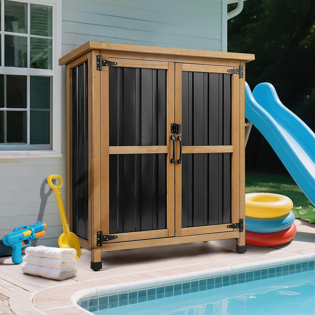 Weatherproof Outdoor Storage Cabinet with Lockable Doors, Wood & Metal Garden Storage Shed Patio Storage Box for Tools & Lawn Equipment, Pool Accessories PetsCosset