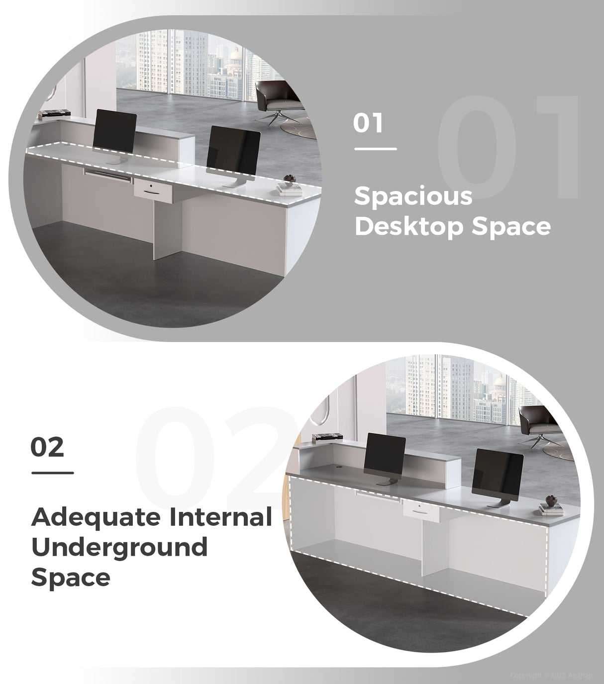 Anzhap L-Shaped Reception Desk with Counter, Front Desk Reception Counter with Drawer, Keyboard Tray & Cable Box for Office, Salon, Lobby, Checkout, Retail(White + Grey/Left, 63" L * 24" W * 39" H) Anzhap