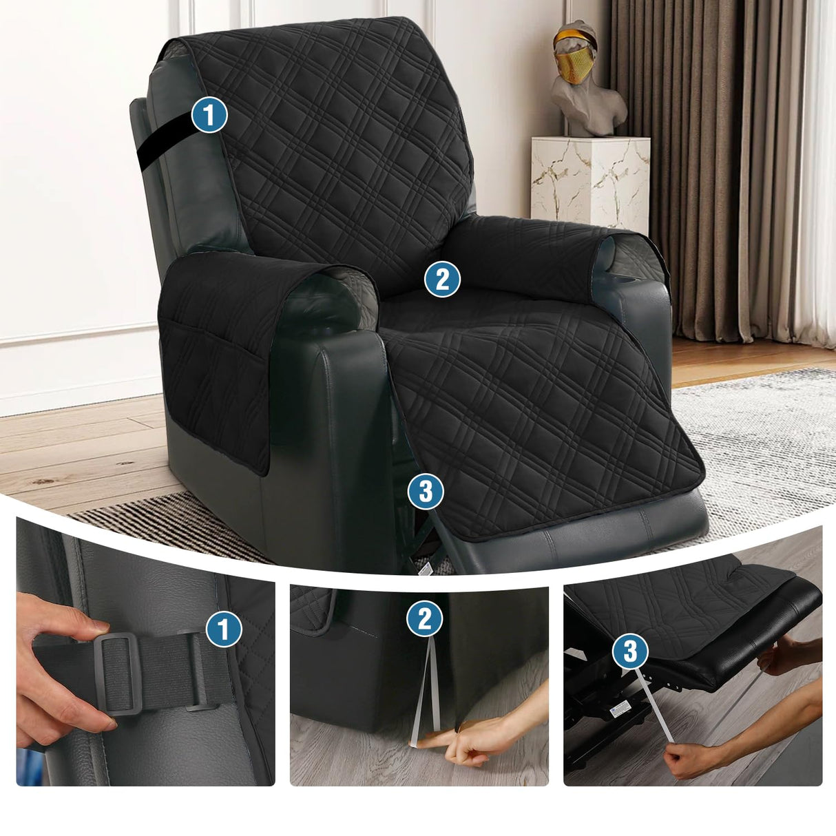 SMILEGIF 100% Waterproof Power Lift Recliner Cover with Side Pocket Electric Lift Recliner Slipcovers Fitted Standard Large Power Lift Recliner Non Slip Recliner Slipcovers for Elderly (Black) SMILEGIF