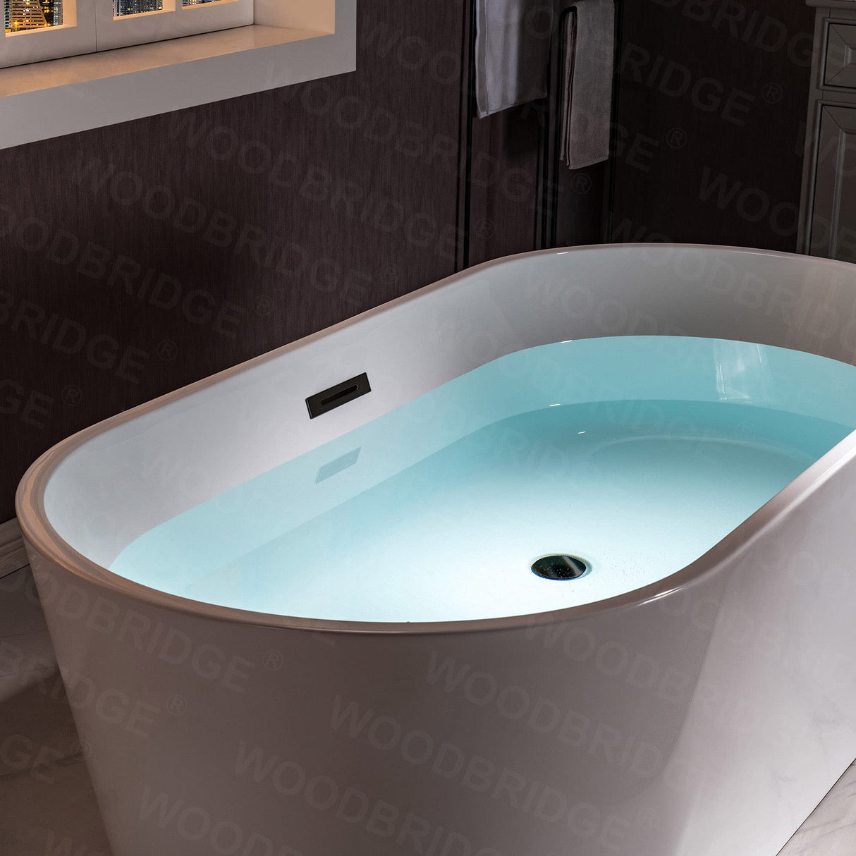 WOODBRIDGE 54" Acrylic Freestanding Bathtub Contemporary Soaking White Tub with Matte Black Overflow and Drain,B1702-MB WOODBRIDGE