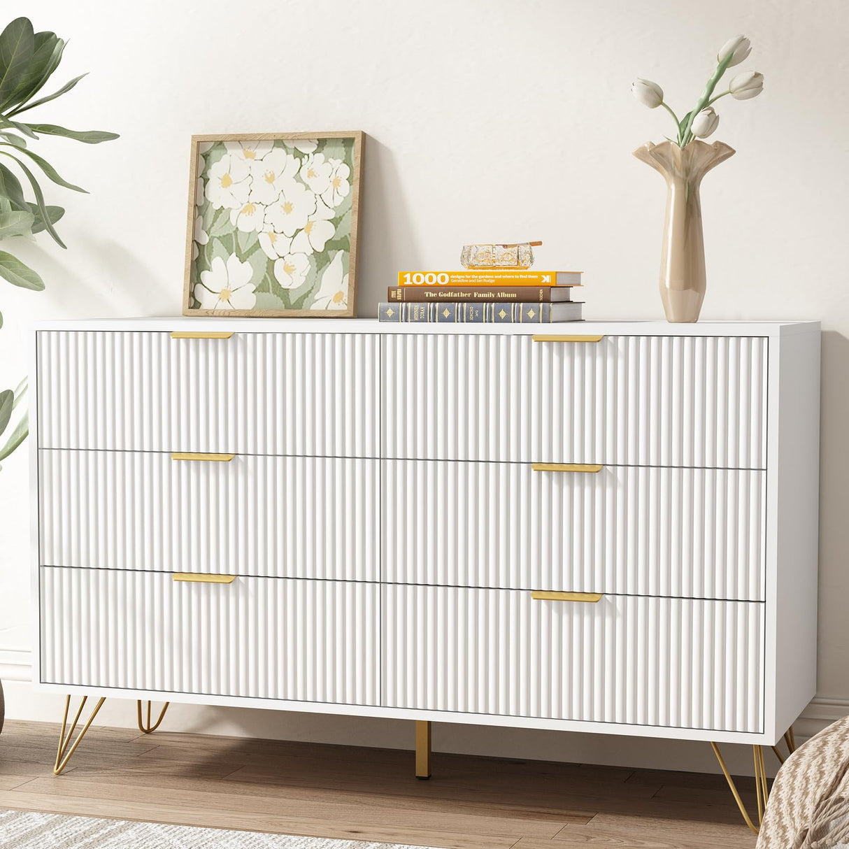 LYNSOM Dresser for Bedroom, Modern 6 Drawer White Dresser with Metal Handles and Wide Drawer, Wood Chest of Drawers for Living Room LYNSOM