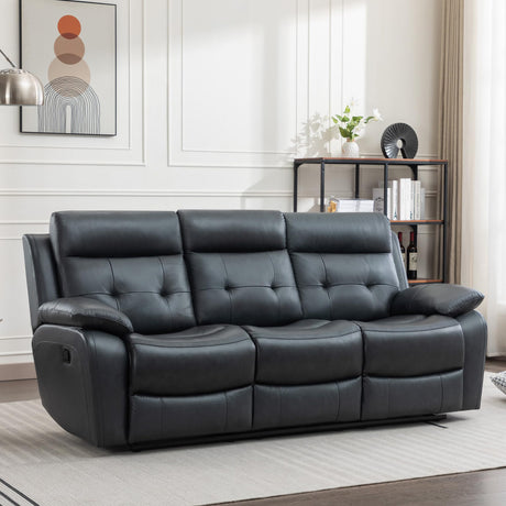 Olodumare Genuine Leather Manual Reclining Sofa, 3-Seater Home Theater Seating,Double Recliner with Drop Down Table, Cup Holders and Magazine Bag,Mid-Century,for Living Room,Recreation Room. Blue Olodumare