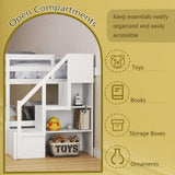 KOMFOTT Wood Twin Over Full Low Bunk Bed with Storage Staircase, Wooden Bunk Bed Frame with Full-Length Guardrails, Low Profile Bunk Bed with Slats Support, No Box Spring Needed (White) KOMFOTT