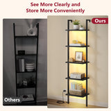 Tajsoon 5 Tier Ladder Shelf with Light, Wooden Wall Mounted Book Shelf, Ladder Bookshelf with Metal Frame, Wall Mounted Ladder Bookshelf for Office, Living Room, Bedroom, Black Tajsoon