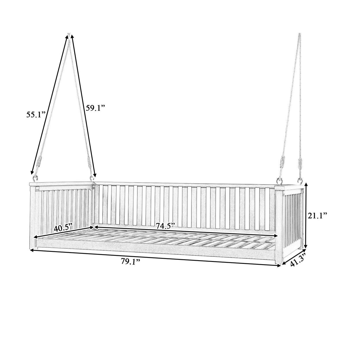 Porch Daybed Swing Outdoor Wooden Swing Bench, Patio Hanging Swing Chair Swinging Bed for Garden, Backyard, Deck, Grey NCKMYB