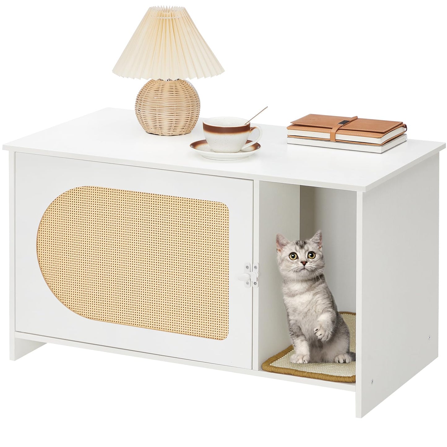 HOOBRO Cat Litter Box Enclosure with Rattan Door, Hidden Litter Box Furniture, Large Litter Box Enclosure with Adhesive Cat Scratching Mat, Coffee Table, 31.4" L x 17.7" W x 18.1" H, White WY18MW01