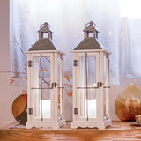 Bdor 2 Pack 26in Farmhouse White Waterproof Wood Metal Decorative Lanterns with Remote Control, Timer, Tempered Glass, Flameless Pillar Candles, Decorative Lanterns for Front Porch, Wedding Bdor