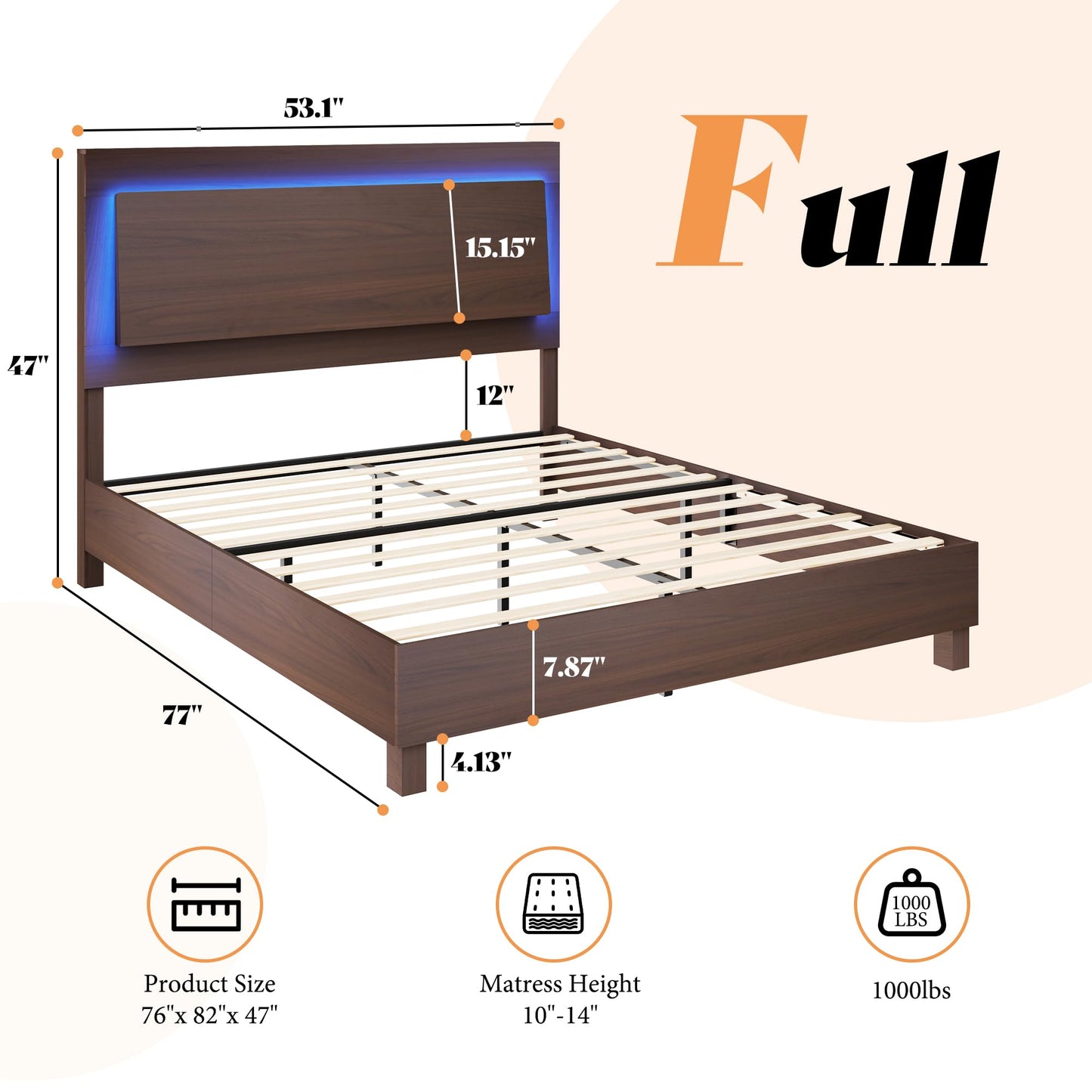 AMERLIFE Rustic Wood Full Bed Frame with LED Headboard and Supportive Slats, Red Brown - WoodArtSupply