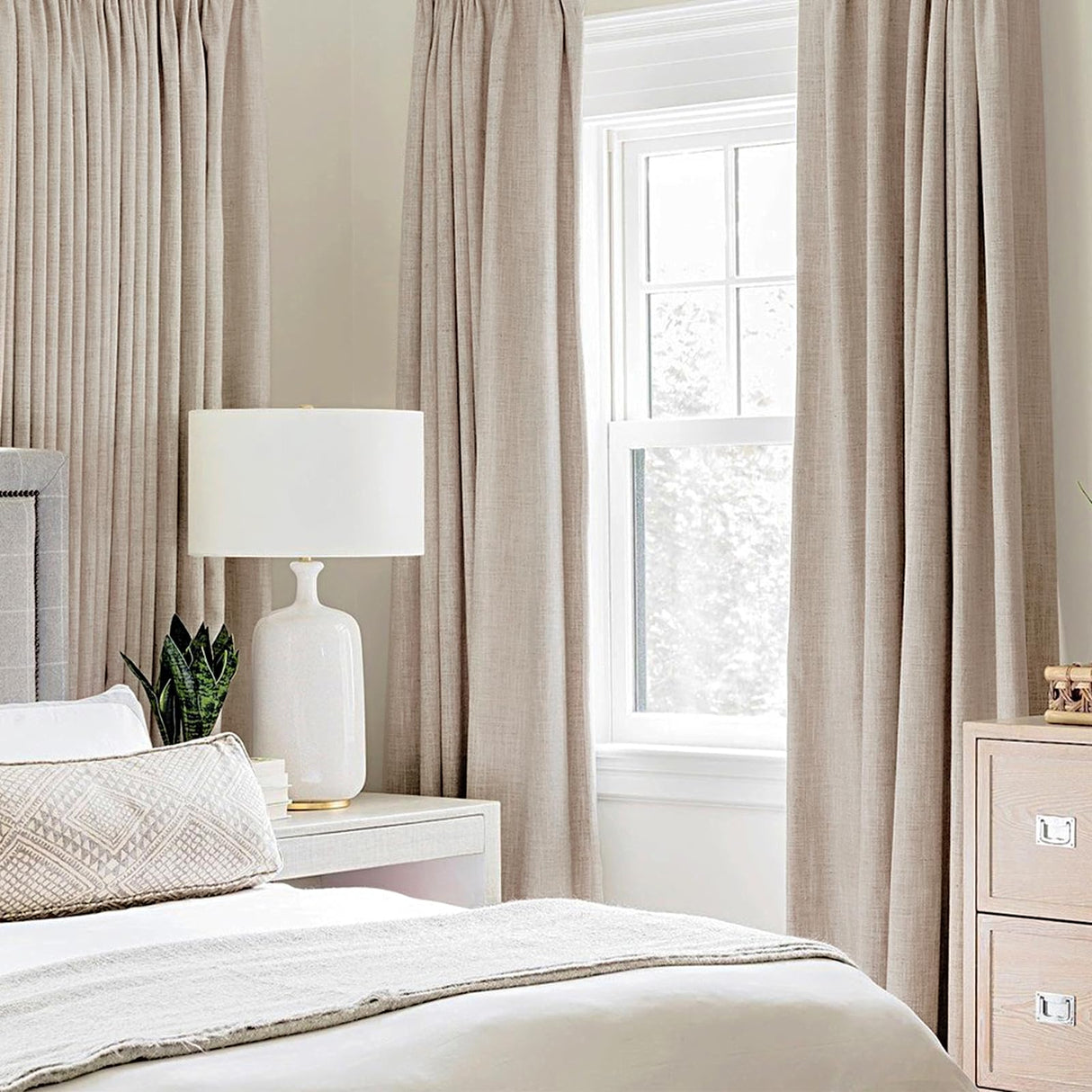 MIULEE 100% Blackout Linen Textured Curtains for Bedroom Solid Thermal Insulated Natural Beige Grommet Room Darkening Curtains & Drapes Luxury Decor for Living Room Nursery 52 x 84 Inch (2 Panels) MIULEE