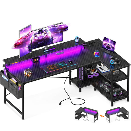 ODK 66 Inch Gaming Desk with USB Charging Ports and LED Lights, Reversible L Shaped Computer Desk with Storage Shelves & Monitor Stand, Corner Gamer Desk Table with Power Outlets, Carbon Fiber Black ODK