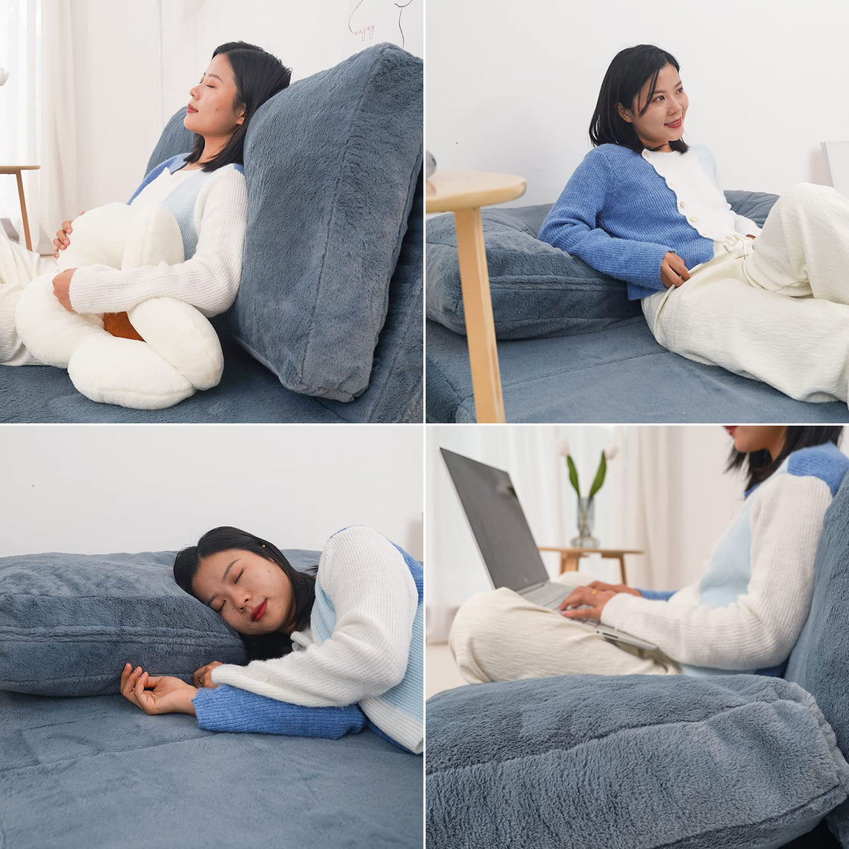 N&V Folding Matress Sofa Bean Bag Bed, Foam Filling Folding Matress Sofa, Includes Removable and Machine Washable Cover, Soft Premium Faux Fur (Medium, Blue) N&V