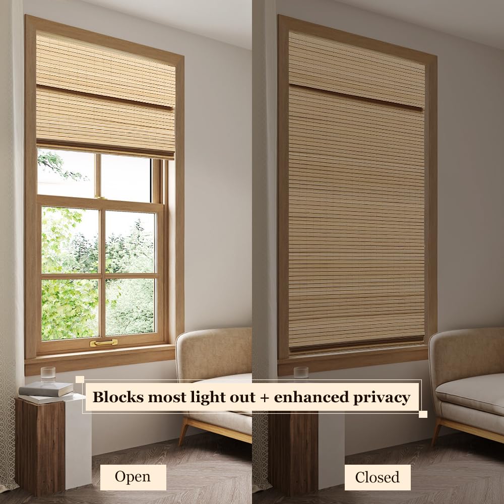 LUCKUP Cordless Natural Bamboo Roman Blinds - Blackout Shades with Valance Cover for Enhanced Privacy 34" W x 64" H LUCKUP