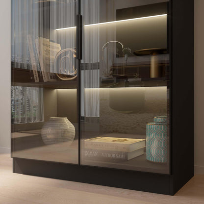 Jiaoun Display Cabinet with Glass Doors and LED Light, Black Curio Cabinets, Bookcase with 5-Tier Shelves, Trophy Glass Display Case for Collectibles (31.5 "W x 16.5 "D x 78.7 "H)