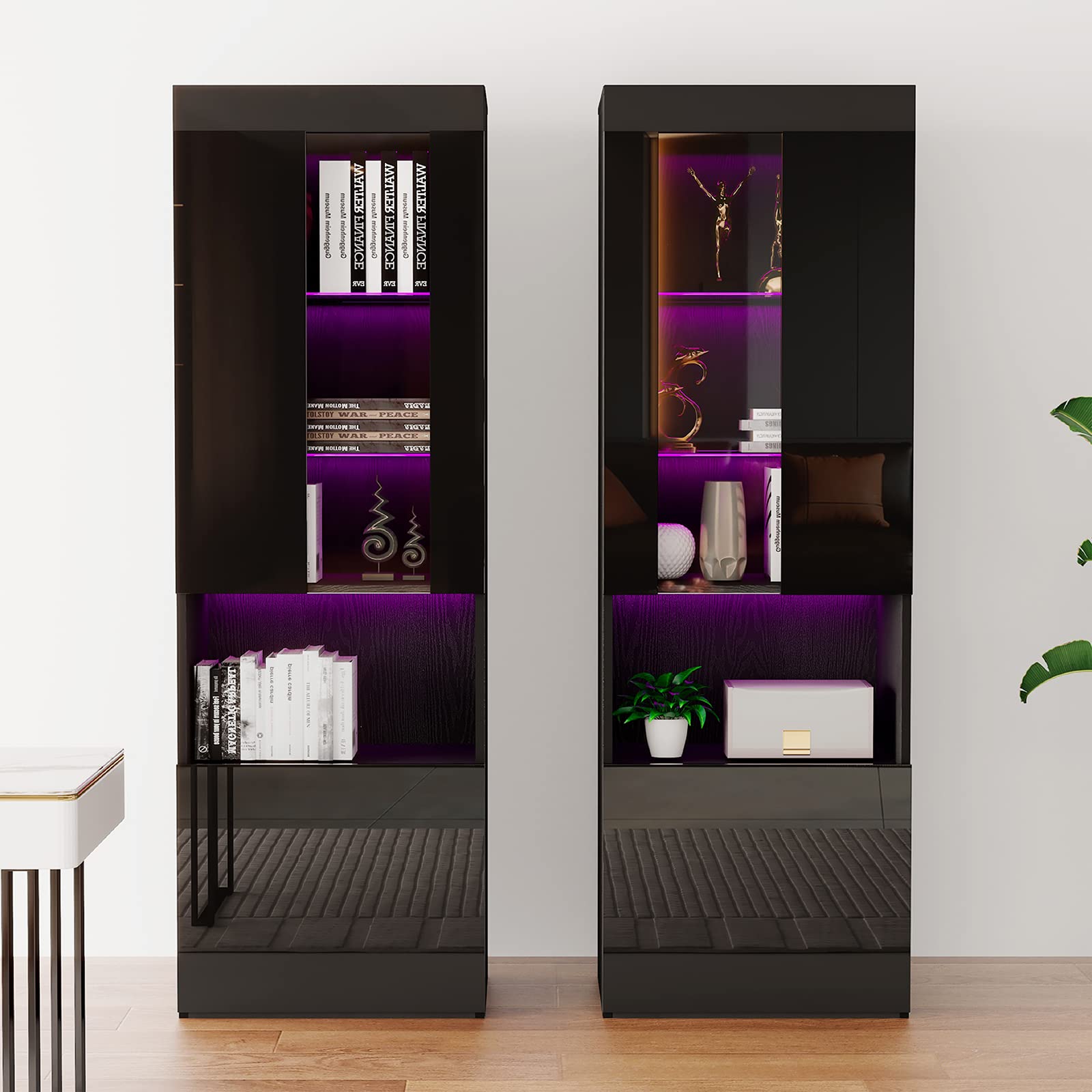 AMERLIFE Modern 71in Tall LED Bookcase Storage Cabinet with Glass Doors - Set of 2 - Thumbnail 2