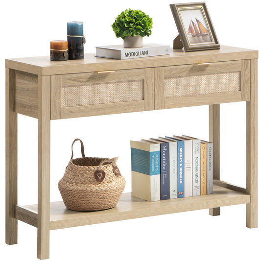 SICOTAS Boho Rattan Console Table with Storage – Light Oak Entryway Table with Drawers and 2-Tier Shelf