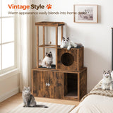 MAHANCRIS Cat Tree with Litter Box Enclosure, Hidden Cats Litter Box Furniture with Condo and Plush Ball, Wooden Cats Washroom Furniture with Platform, Indoor Cat House, Rustic Brown CWHR1501 MAHANCRIS