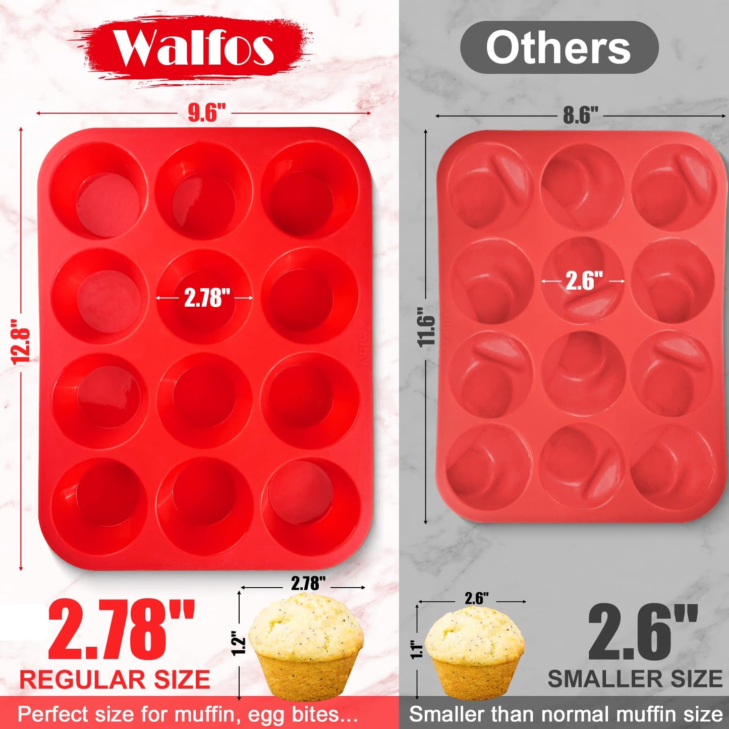 Walfos Silicone Muffin Pan - 12 Cups Regular Silicone Cupcake Pan, Non-stick Silicone Great for Making Muffin Cakes, Tart, Bread - BPA Free and Dishwasher Safe