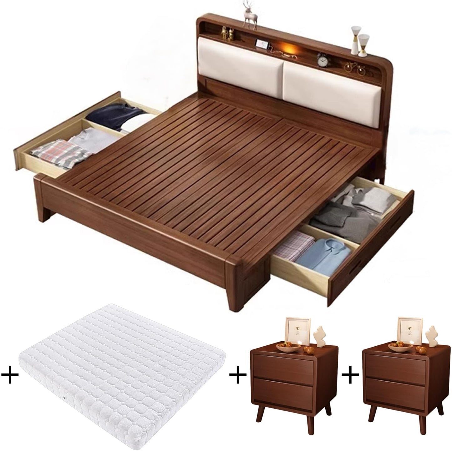 Solid Wood Bed Frame with Mattress and 2 Nightstand, Farmhouse Bedframe with Headboard, Storage, USB Port and Night Light (Walnut Pull-Out Storage