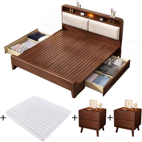 Solid Wood Farmhouse Bed Frame Set with Mattress and Nightstands, Walnut Finish BaFra