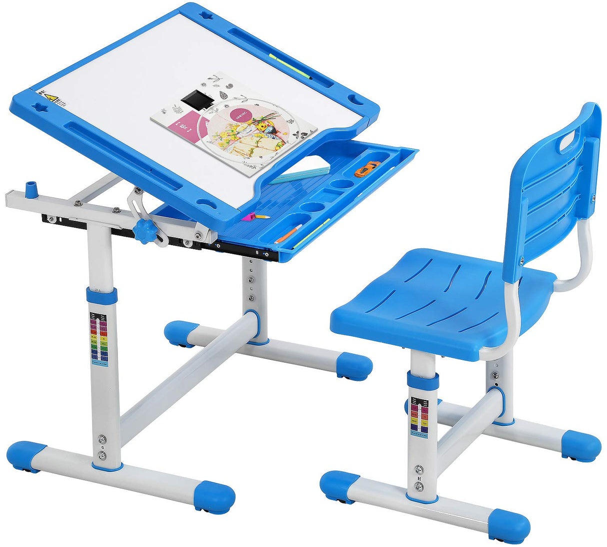 FDW Kids Desk and Chair Set, Height Adjustable Multifunctional Student Study Desk Kids Art Table Children's Chair Set with Storage Drawer 45°Tilted Desktop for Boys&Girls,Blue FDW