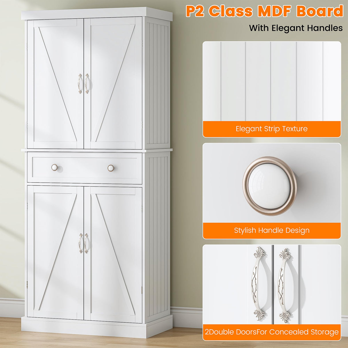 kepptory 72“ Kitchen Pantry Cabinet White, Tall Pantry Storage Cabinet with Adjustable Shelves and Drawer, Kitchen Buffet Cupboards Sideboard for Home Office Use (16" D x 30" W x 72" H) kepptory