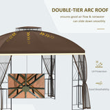 Outsunny 10' x 10' Patio Gazebo with Corner Shelves, Double Roof Outdoor Gazebo Canopy Shelter with Removable Mesh Netting, for Garden, Lawn, Backyard and Deck, Brown Outsunny