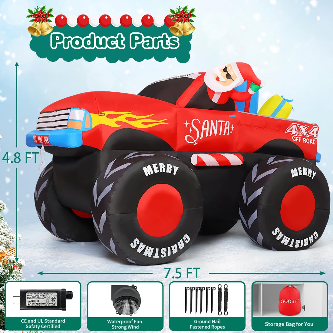 GOOSH 7.5 FT Long Christmas Inflatables Santa Claus Outdoor Decorations Blow Up Yard Snowman with Presents on Truck with Built-in LEDs for Garden Lawn Indoor Party Décor GOOSH