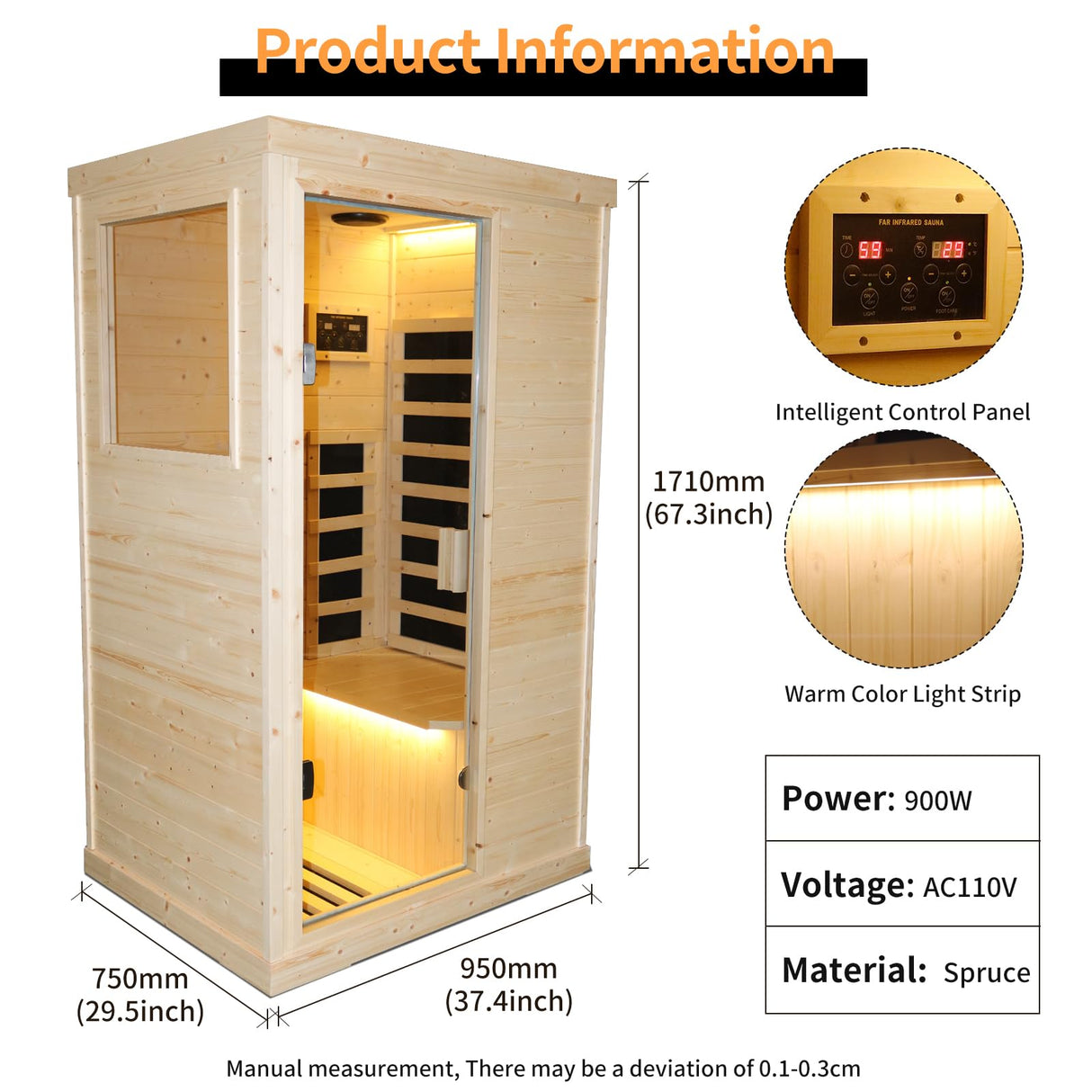 OUTEXER Far Infrared Wooden Sauna Room Home Sauna Spa Low-EMF Dry Saunas Single Person Spa Finland Spruce Wood fit for 7ft Person OUTEXER