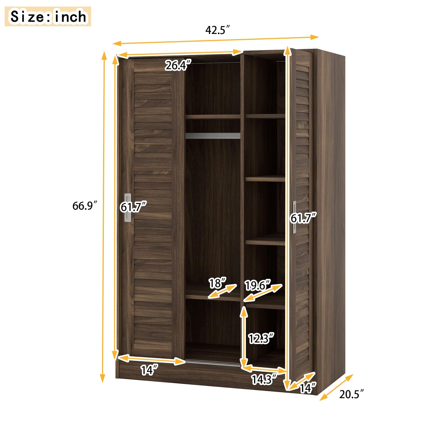 3 Door Wardrobe Armoire Closet with Sliding Doors and Storage Shelevs Freestanding Wardrobe Cabinet with Hanging Rod Clothes, Cabinet Organizer for Bedroom, 20.5"D x 42.5"W x 66.9"H (Wulnut)