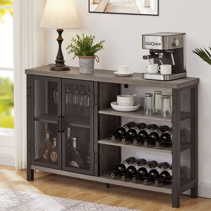 BON AUGURE Industrial Home Bar Cabinet with Wine Rack, Rustic Liquor Cabinet Bar for Home, Coffee Bar Cabinet with Storage (47 Inch, Grey Oak)