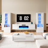 AMERLIFE High Gloss Living Room Entertainment Center with LED Lights, Including Floating Fireplace TV Stand with 40" Electric Fireplace & 2 Bookcases with Glass Doors, All White AMERLIFE