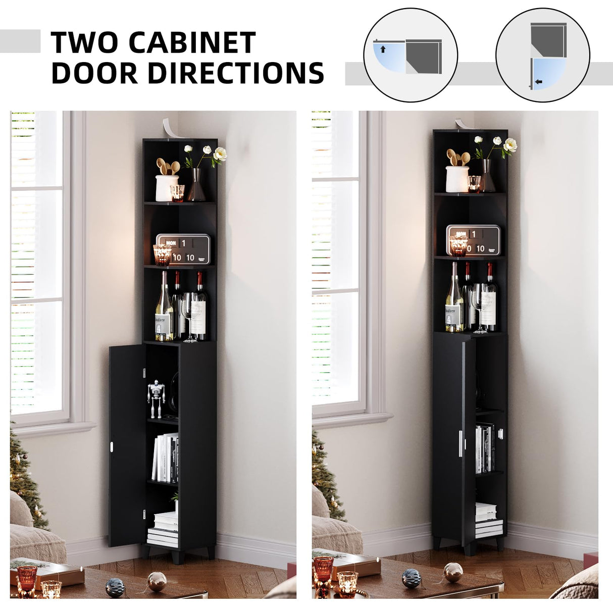 MOHOPE Corner Shelf with Cabinet, 74.8" Tall Corner Cabinet with Door, 5-Tier Narrow Bookshelf with Adjustable Shelves, Display Cabinet for Living Room, Bathroom, Dining Room, Small Space, Black MOHOPE