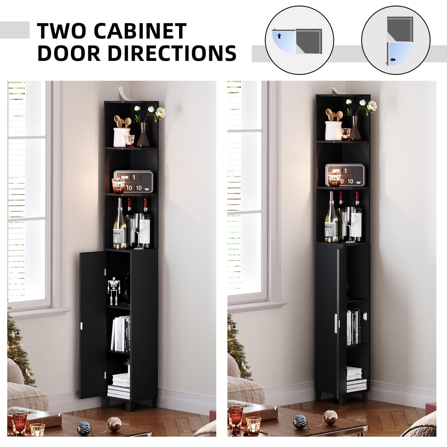 MOHOPE Corner Shelf with Cabinet, 74.8" Tall Corner Cabinet with Door, 5-Tier Narrow Bookshelf with Adjustable Shelves, Display Cabinet for Living Room, Bathroom, Dining Room, Small Space, Black