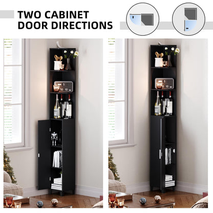 MOHOPE Corner Shelf with Cabinet, 74.8" Tall Corner Cabinet with Door, 5-Tier Narrow Bookshelf with Adjustable Shelves, Display Cabinet for Living Room, Bathroom, Dining Room, Small Space, Black