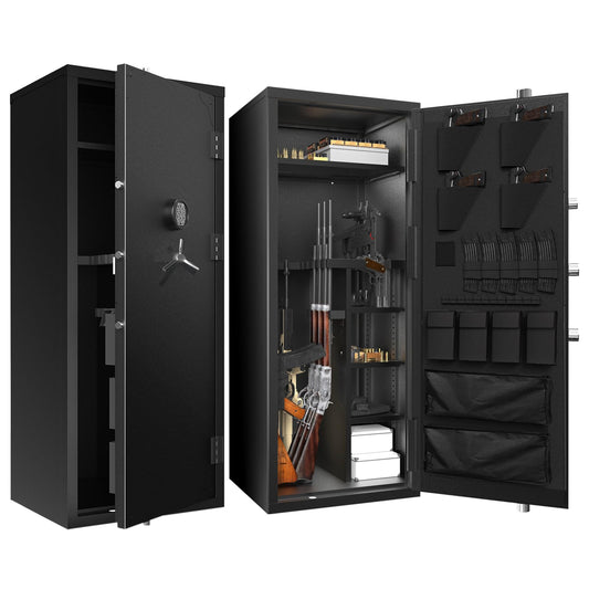 Large Rifle Safe, 30 Gun Safe for Rifle and Shotgun/Rifle Pistol Rack/Storage Pocket/Removable Shelf/Silent Mode/External Battery/LED/Key,180° Open Door Panel Organizer Gun Cabinet Safe Unassembled