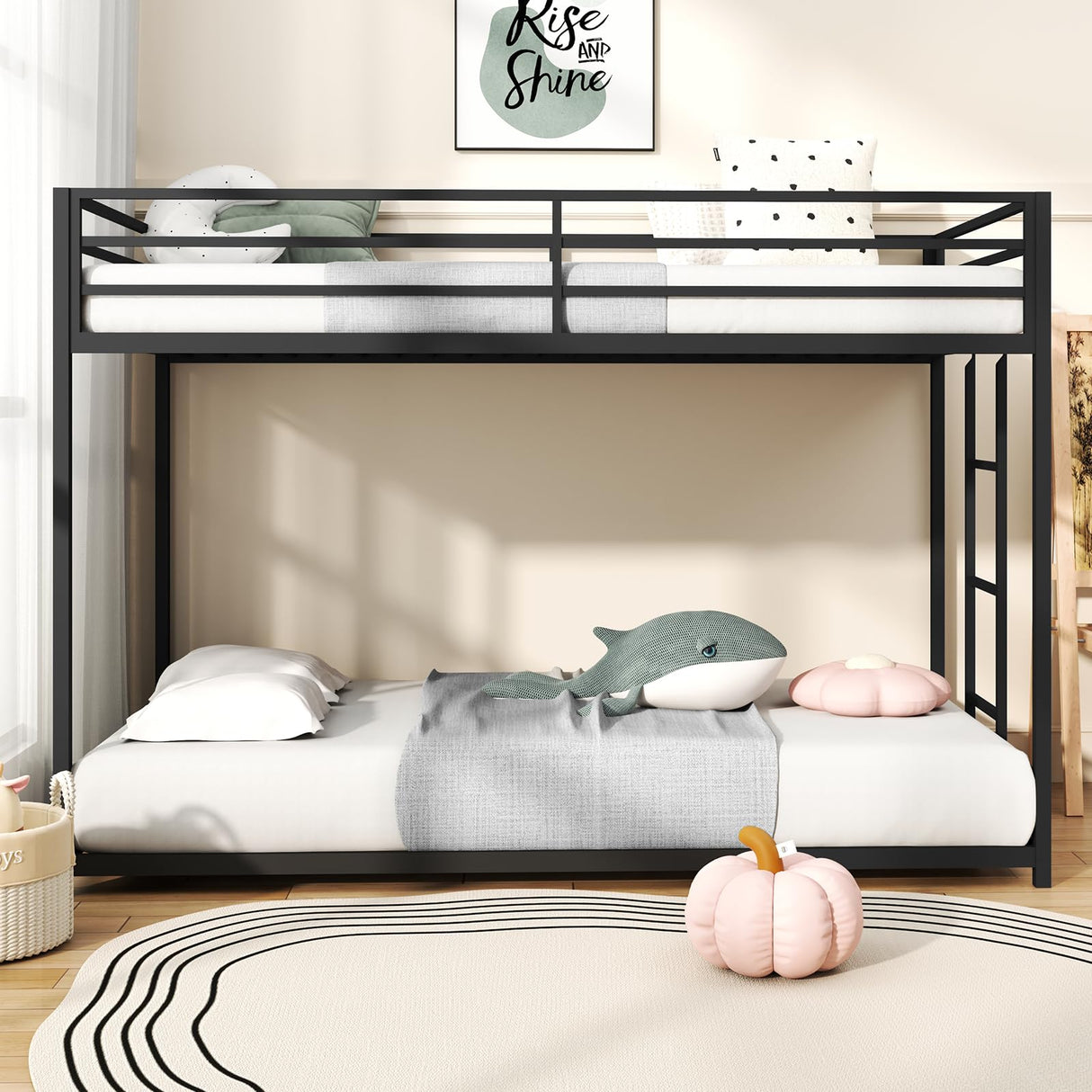 Zevemomo Twin Over Twin Bunk Bed, Metal Low Profile Bunkbeds with Full-Length Guardrail and Ladder, Space Saving, No Boxing Spring Needed, Black Zevemomo
