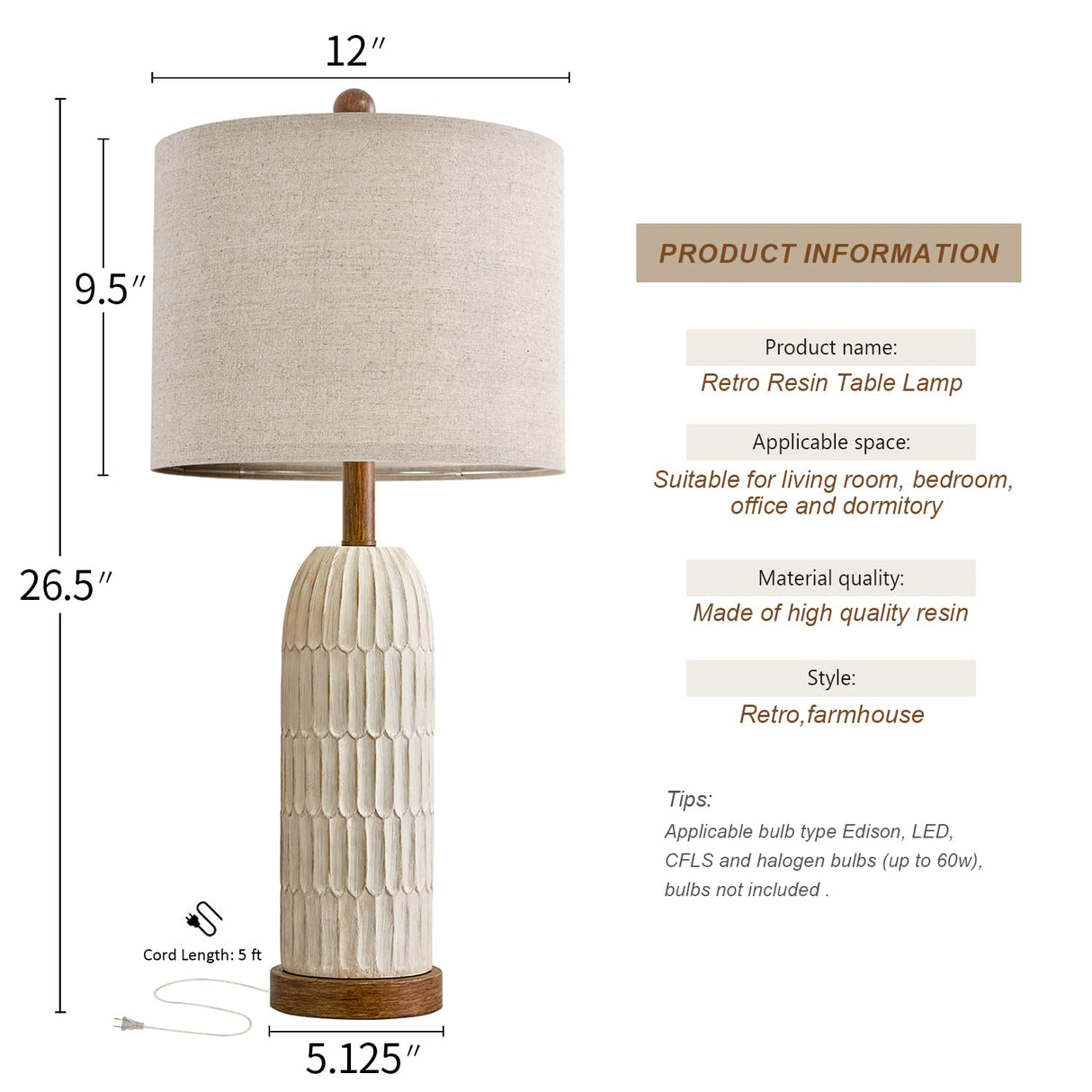 OYEARS 26.5" Table Lamp Set of 2 for Bedroom Living Room with USB A+C Charging Ports Modern Farmhouse Bedside End Lamps Rustic Nightstand Lamps,Brown OYEARS