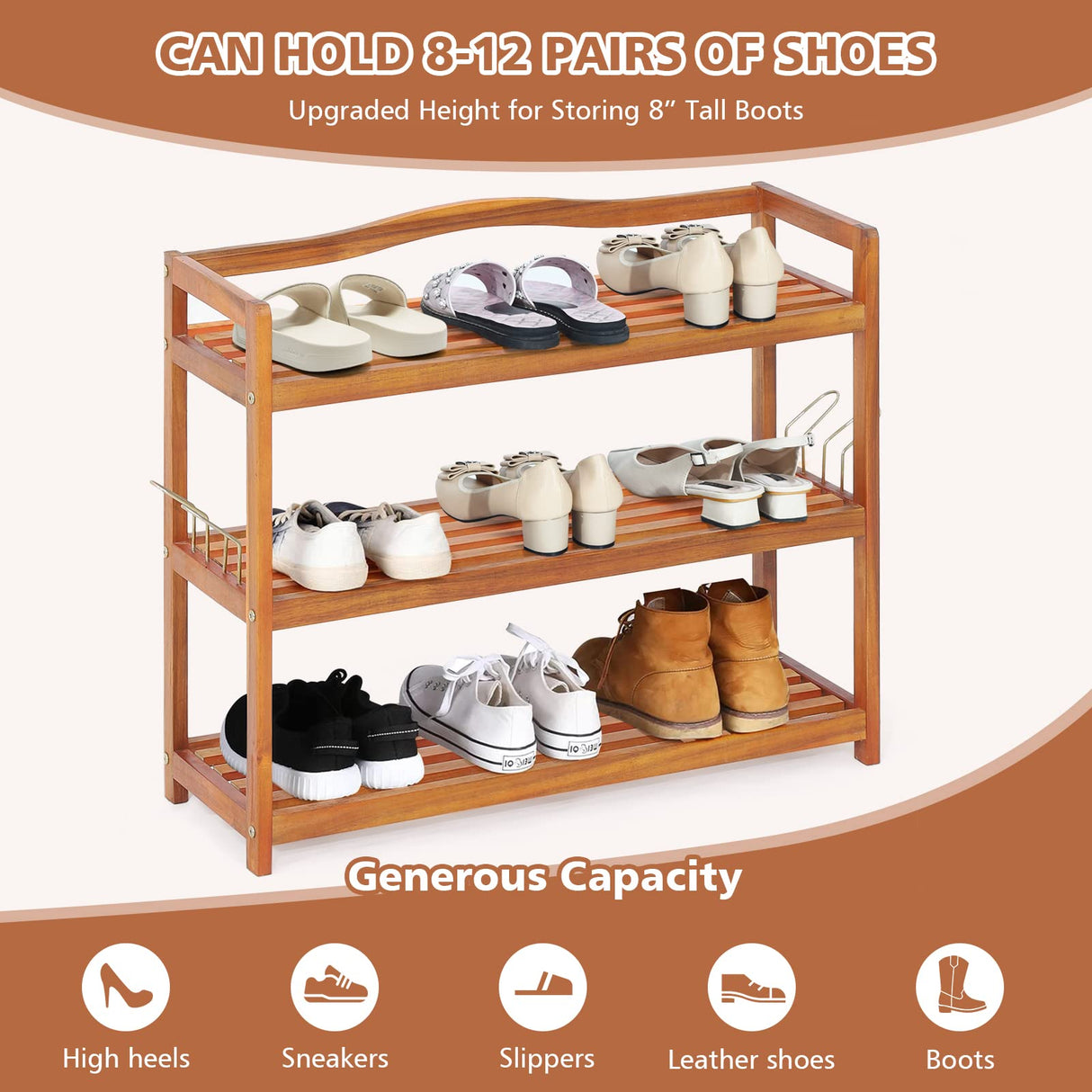 Giantex 3-Tier Shoe Rack, Acacia Wood Shoe Shelf with Side Metal Hooks, Holds up 12-18 Pairs, Shoe Organizer, Shoe Storage, Wooden Shoe Rack for Entryway Giantex