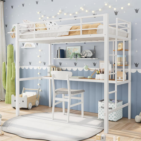 Garvee Twin Size Loft Bed with Large Desk and Storage Shelves, Heavy Duty Metal Loft Bed with Safety Guardrail and Ladder for Kids and Adults, Steel Slats Support, Space Saving, White and Brown Garvee