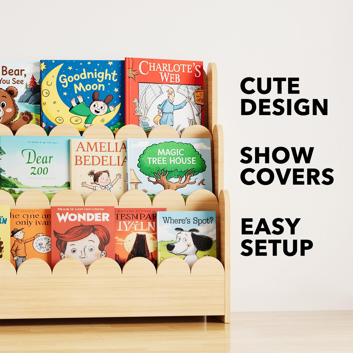 SpaceAid 3-Tier Scalloped Bookshelf, Montessori Bookcase for Toddlers, Wooden Book Shelf Organizer Display Furniture for Kids Rooms, Playroom, Nursery and Classroom, Natural SpaceAid