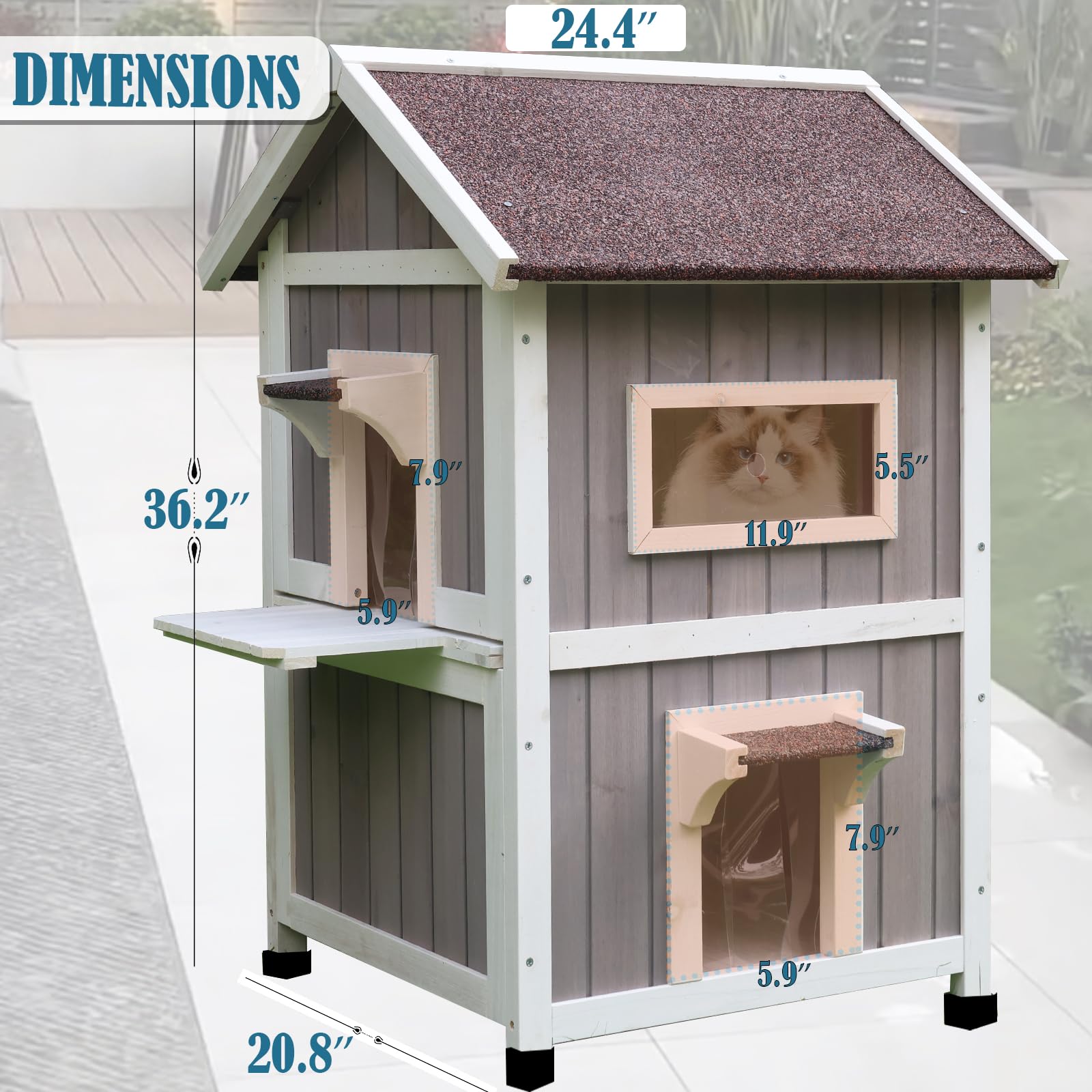 Rockever Outdoor Cat House, 2 Story Outdoor Houses for Feral Cats Wooden Outside Cat Shelter Weatherproof with Escape Door - WoodArtSupply