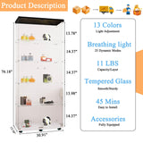 lunhung 5-Shelf Glass Display Cabinet with LED Lights & Lock, 76" H Tempered Glass Wine Cabinet w/ 2 Doors& Wheels, Floor Standing Bookshelf Curio Case for Living Room,Hallway (Black) lunhung