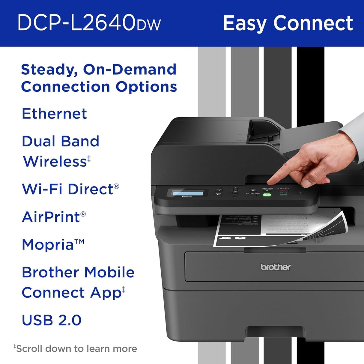 Brother DCP-L26 Series Wireless Monochrome 3-in-1 Laser Printer, 36 ppm in Black, 250 Sheets, Mobile Printing, Automatic Two-Sided Printing, Refresh Subscription Trial, Gray, with MTC Printer Cable Brother